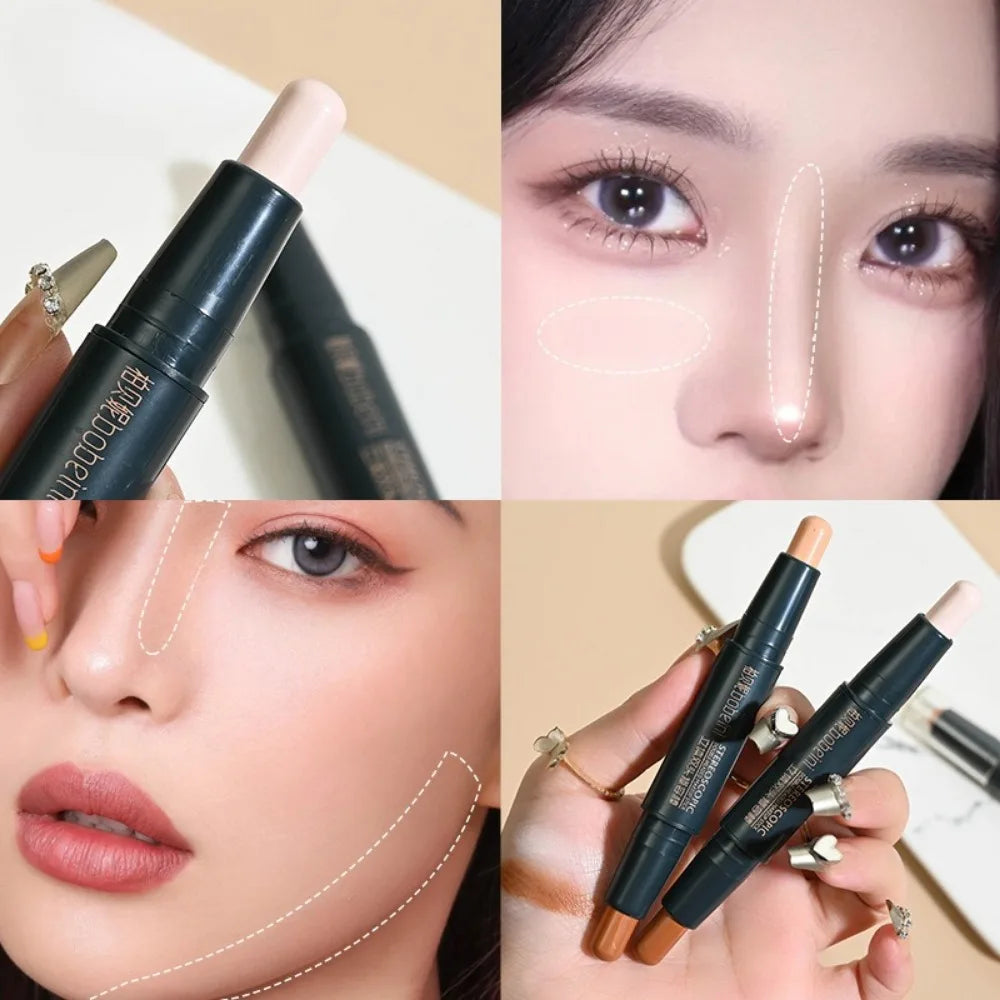 Double-Head Highlighter Concealer Trimming Stick Nose Shadow Cream Pen Brighten Full Coverage Concealer Face Bronzer Cosmetics