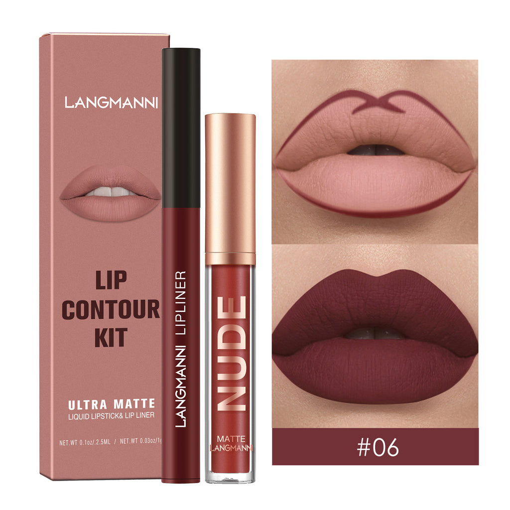 Waterproof Lasting Matte Velvet Lip Gloss Lip Liner Set 2pcs/set Lipliner Pen and Lip Gloss Combination Set Lips Contour