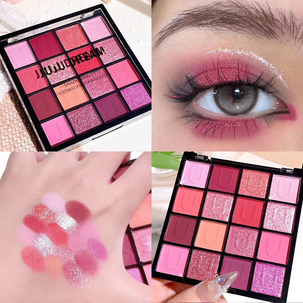 16 grid red eyeshadow tray Purple  glitter pearl matte eyeshadow Shimmer makeup lasting women  Korean eye cosmetics