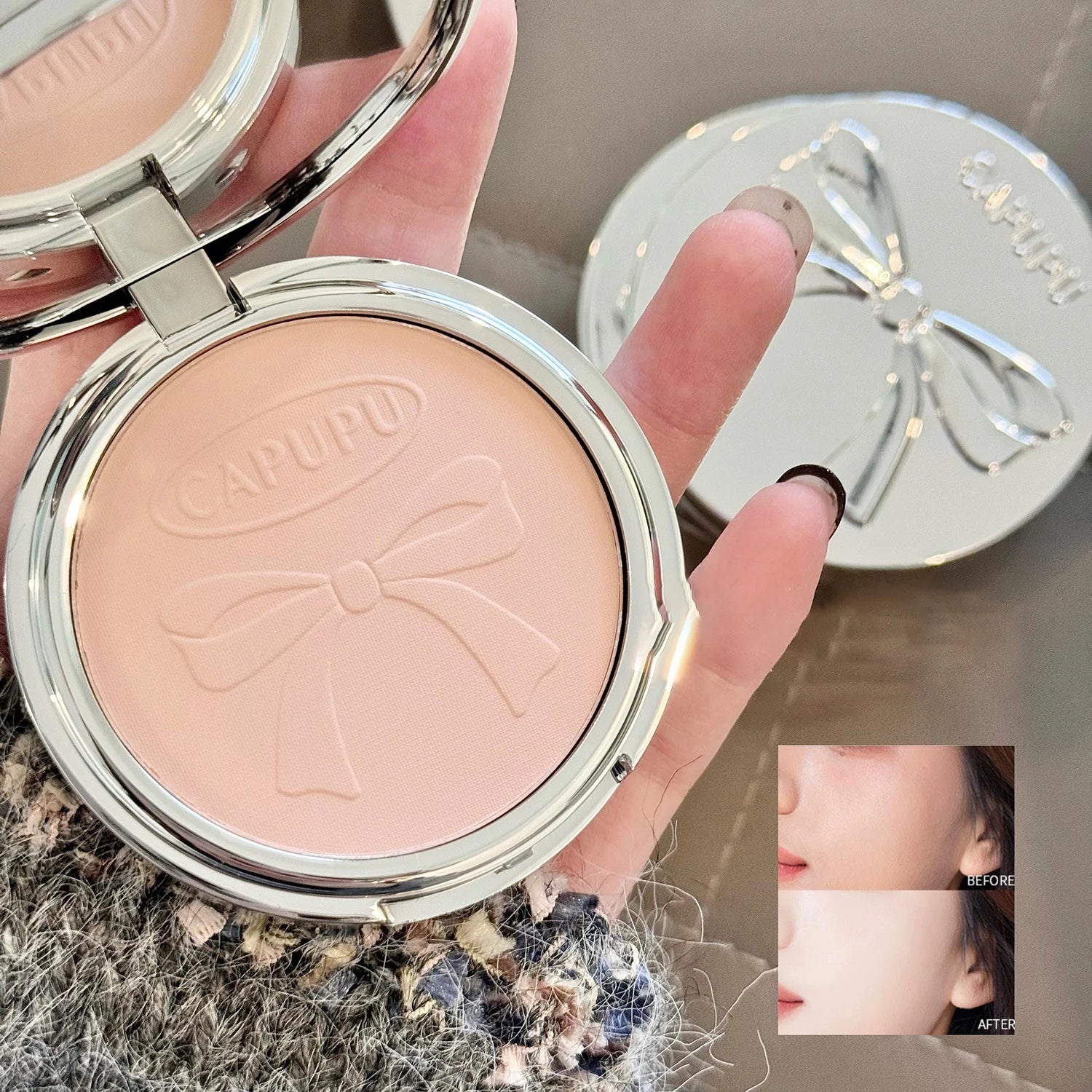 Bowknot Pressed Powder Transparent White Matte Brighten Concealer Long-lasting Oil Control Face Makeup Smooth Setting Powder