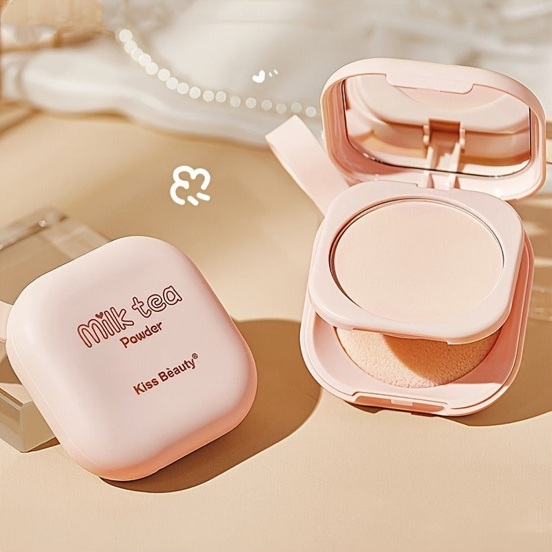 Milk Tea Waterproof Compact Powder - Full Coverage Contour and Concealer Matte Finish Double-Layer Portable Setting Powder