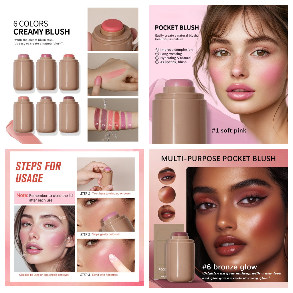 Pink Beauty Multi-use Blush Stick For Lips Cheek Long-lasting Hydrating Highlights Brighten Soft Natural Flush Cream Blush Stick