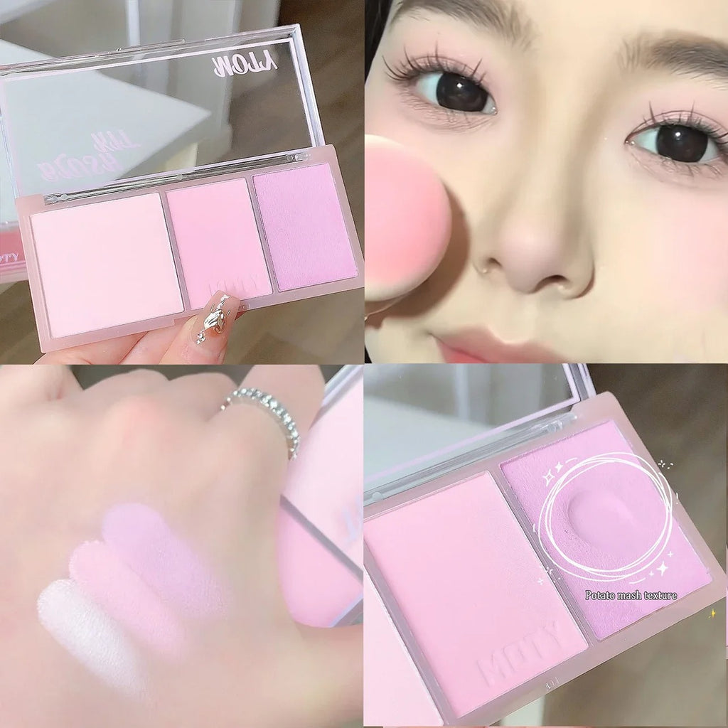 3 Colors Blush Palette Waterproof Pink Taro Purple Matte Blusher Face Makeup with Mashed Potato Texture Highlight Powder Blush