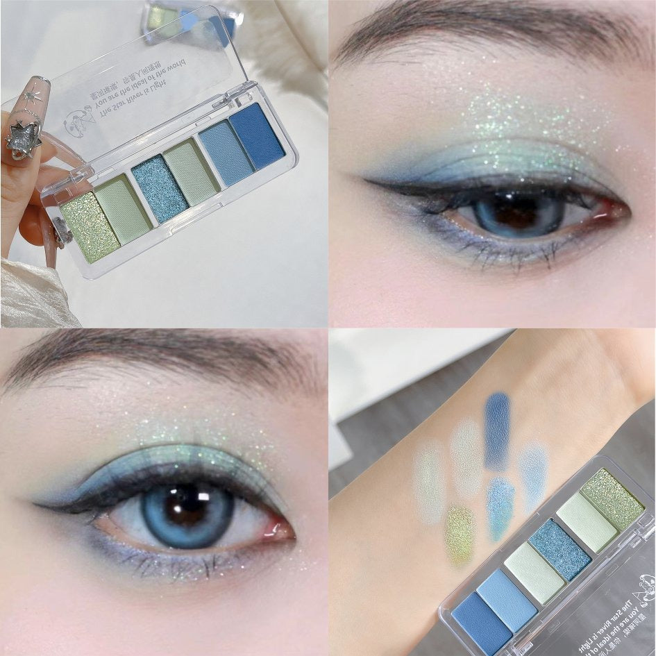 6Color Glitter Eyeshadow Strip Palette Brightening Waterproof Matte Gradient Blue-green Summer Lying Silkworm Eye Pigment Makeup