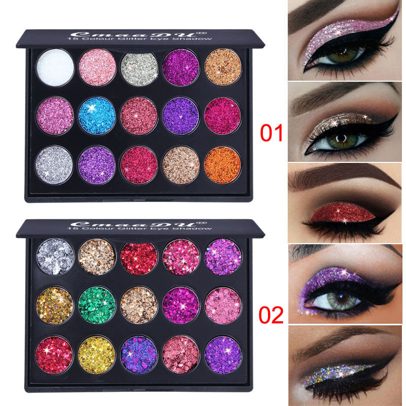 15 Colors Bright Crystal Eyeshadow Makeup Palette Glitter Glow Girl, Silver Red Rose Green Glitter Gel Color Eyeshadow Top Coat