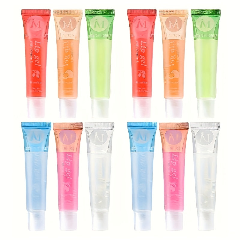 6/12Pcs Fruity Watery Glossy Lip Gloss Set VE    Rosehip  Argan   Mint  Aloe   Coconut Flavor Clear Lip Oil Moisturizing Lip Plumpin