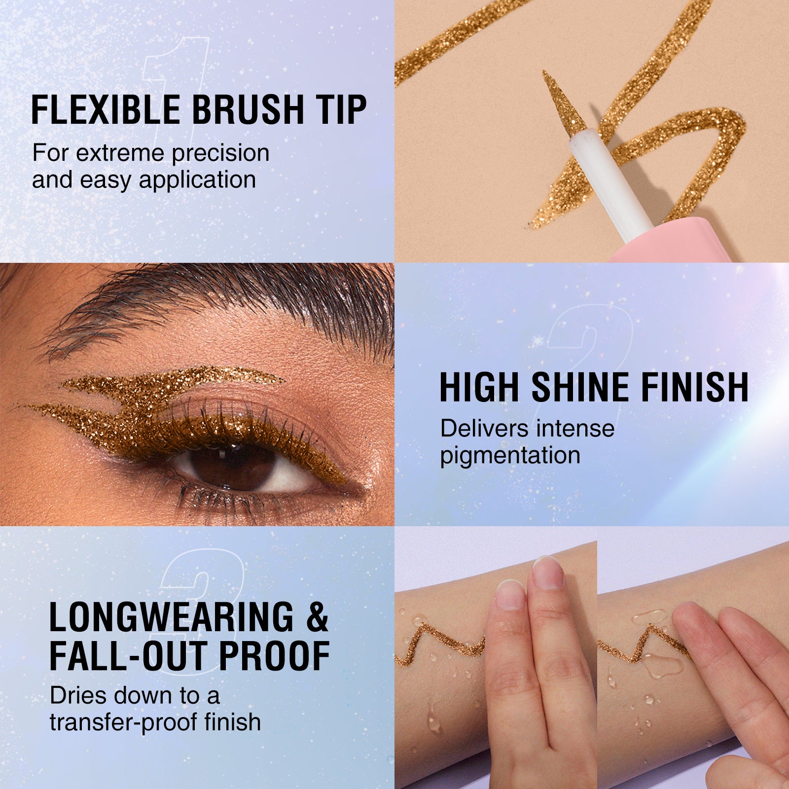 Glitter Liquid Eyeliner Pen - Long-Lasting  Smudge-Proof  Waterproof  Fast-Drying Easy-to-Use Eye Makeup with Golden Colour To