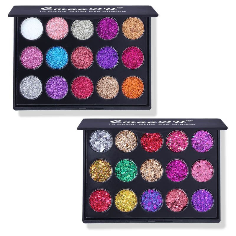 15 Colors Bright Crystal Eyeshadow Makeup Palette Glitter Glow Girl, Silver Red Rose Green Glitter Gel Color Eyeshadow Top Coat