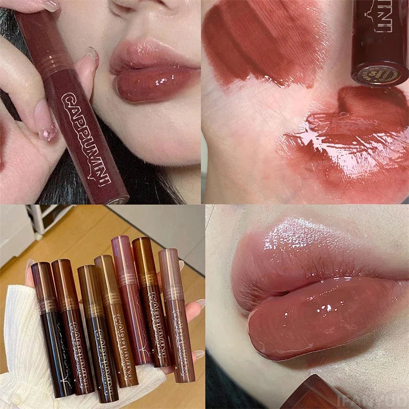 Punk Dark Brown Mirror Water Lip Gloss Red Lip Glaze Transparent Glass Lip Oil Waterproof Liquid Lipstick Clear Tint Makeup