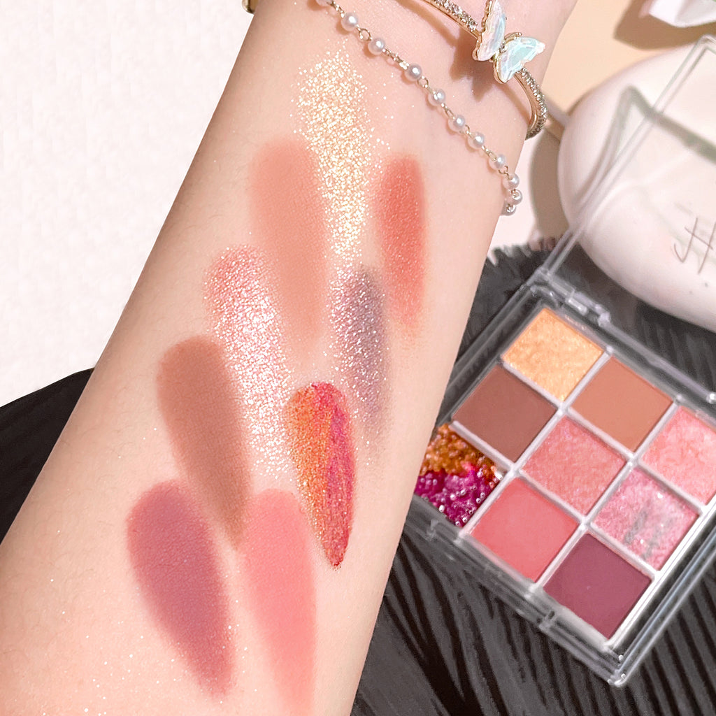 Summer 9 color eyeshadow palette  Orange brown  pink and gold  matte shimmer effect  lasting makeup  keep glitter rose Eyeshadow