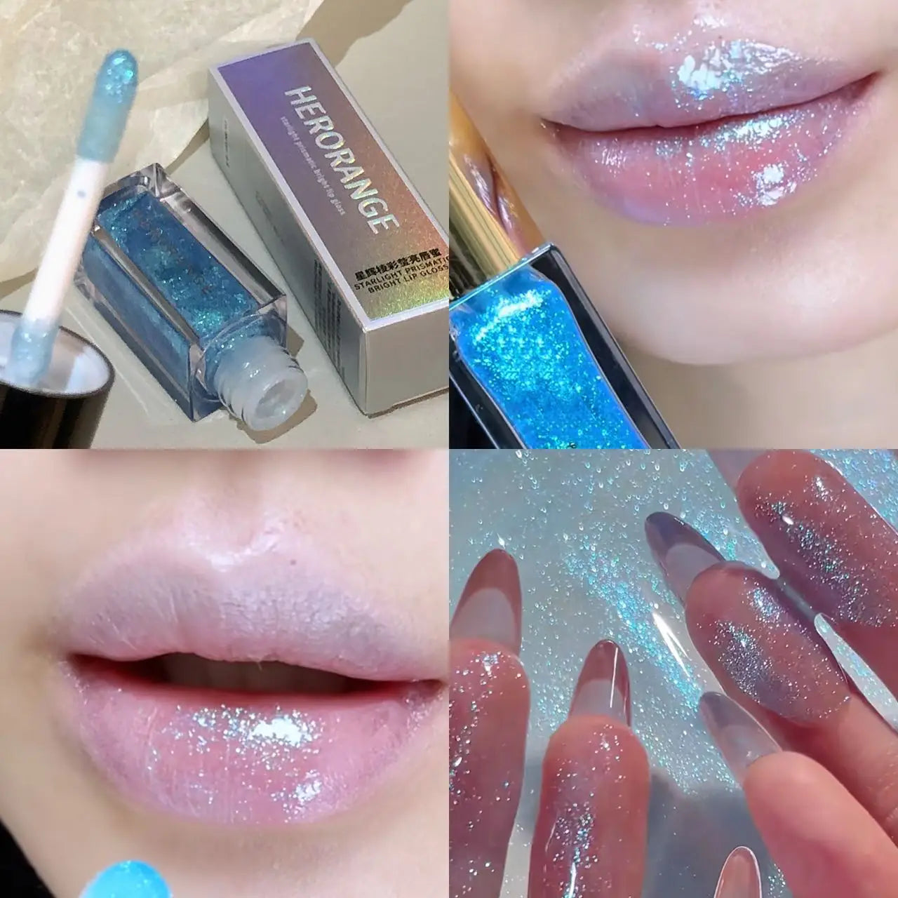 Multichrome Diamond Shimmer Lip Gloss Clear Glitter Metallic Pink Blue Orange Lip Stain Mirror-Shine Gloss 3D Sparkling Lips