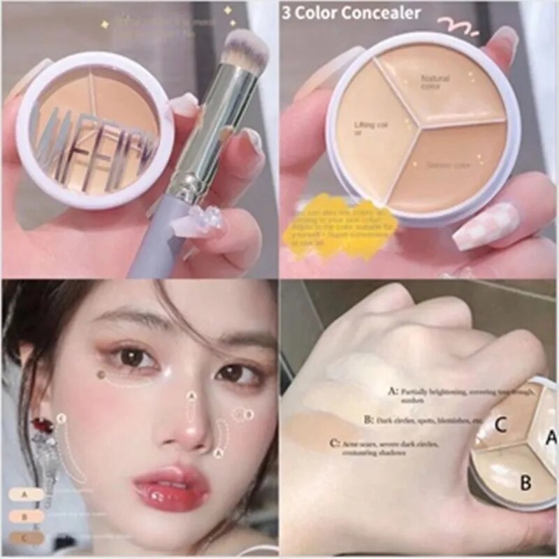 3-Color Concealer Palette Professionally Covers Dark Circles Around Eyes and Face