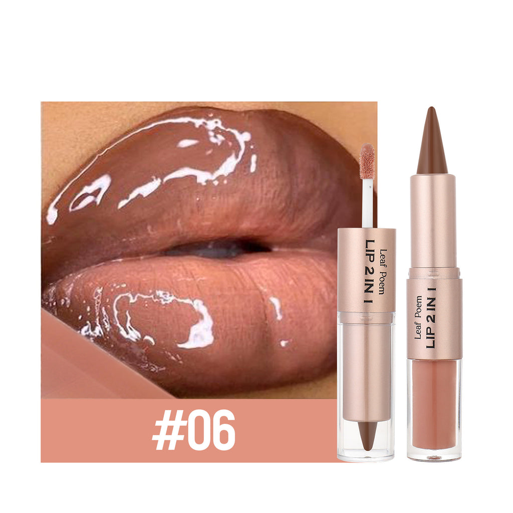 2-in-1 Double Head Lipstick Milk Tea Bean Paste Single Head Mirror Lip Gloss Oil Sexy Lip Makeup Cosmetics 3.5G+2.5G