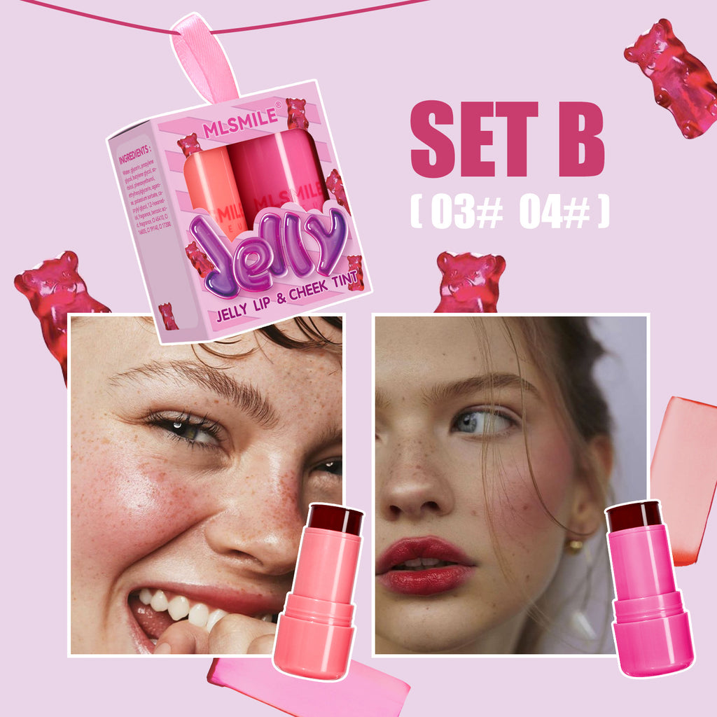 2PCS Jelly Lip&Cheek Tint Set 2 in1 Blush Lip Gloss Stick Hydrating Long-Lasting Refreshing Face Contouring Cream Stick