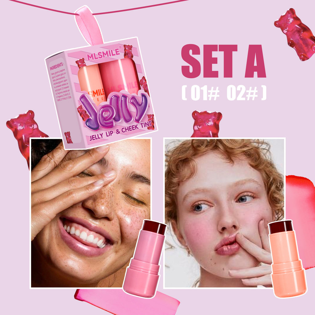 2PCS Jelly Lip&Cheek Tint Set 2 in1 Blush Lip Gloss Stick Hydrating Long-Lasting Refreshing Face Contouring Cream Stick