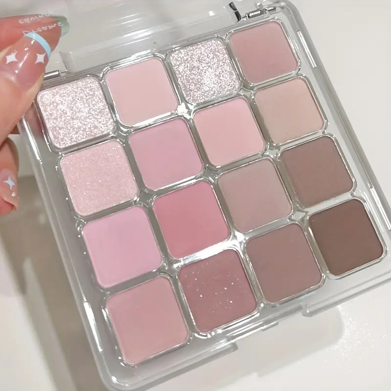 16-color Korean eyeshadow palette - matte shiny and berry tones  nude pink brown  vibrant high-gloss eyeshadow with sequins