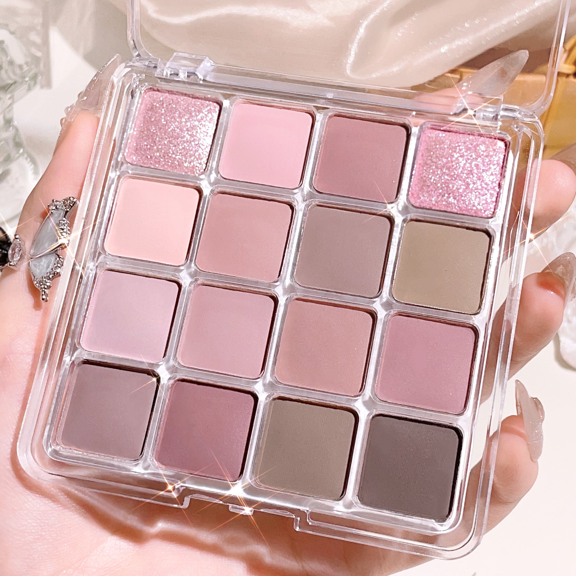 16-color Korean eyeshadow palette - matte shiny and berry tones  nude pink brown  vibrant high-gloss eyeshadow with sequins
