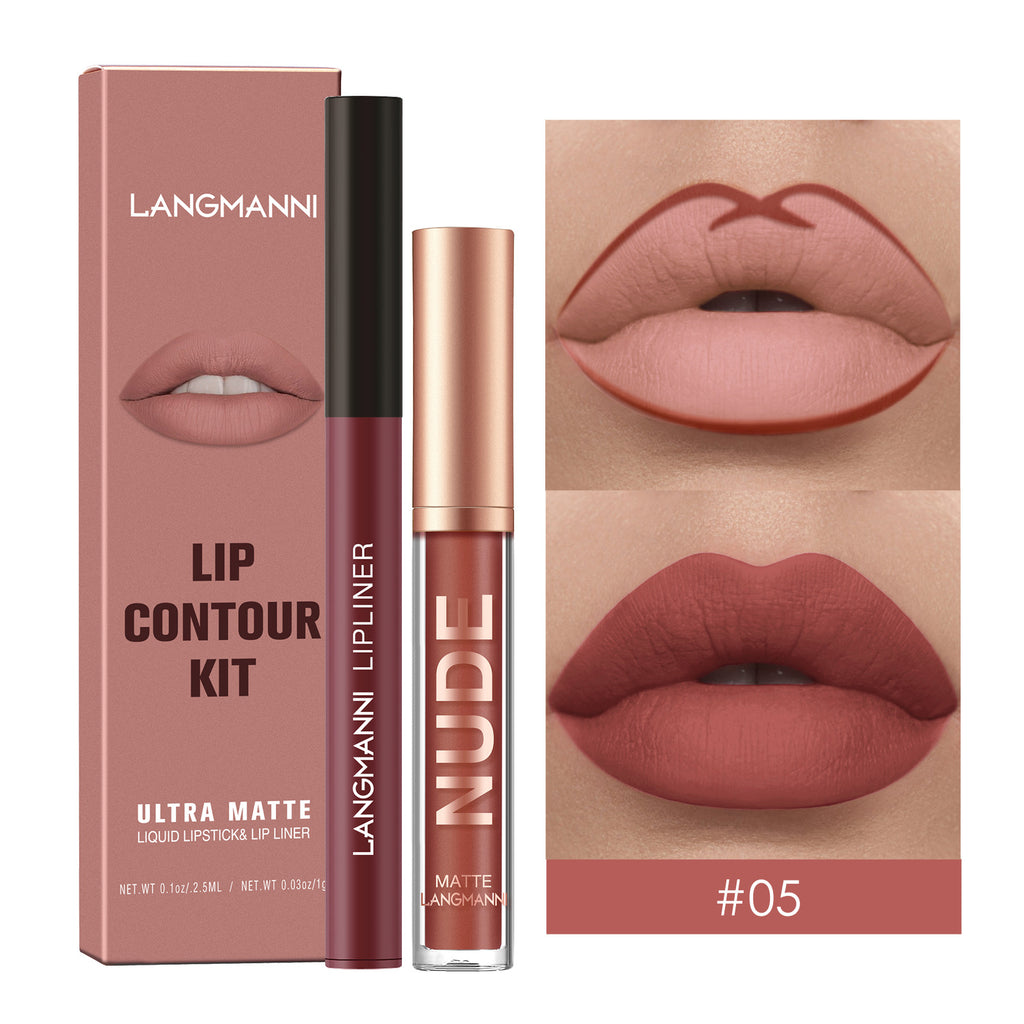 Waterproof Lasting Matte Velvet Lip Gloss Lip Liner Set 2pcs/set Lipliner Pen and Lip Gloss Combination Set Lips Contour