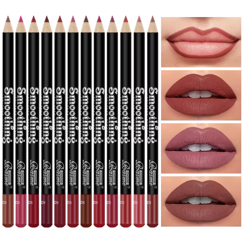 12 Colors Lip Liner Pen Set Professional Lip Liner Pencil Fashion Black Rod Non-stick Cup Easy To Color Lipstick Pen Makeup