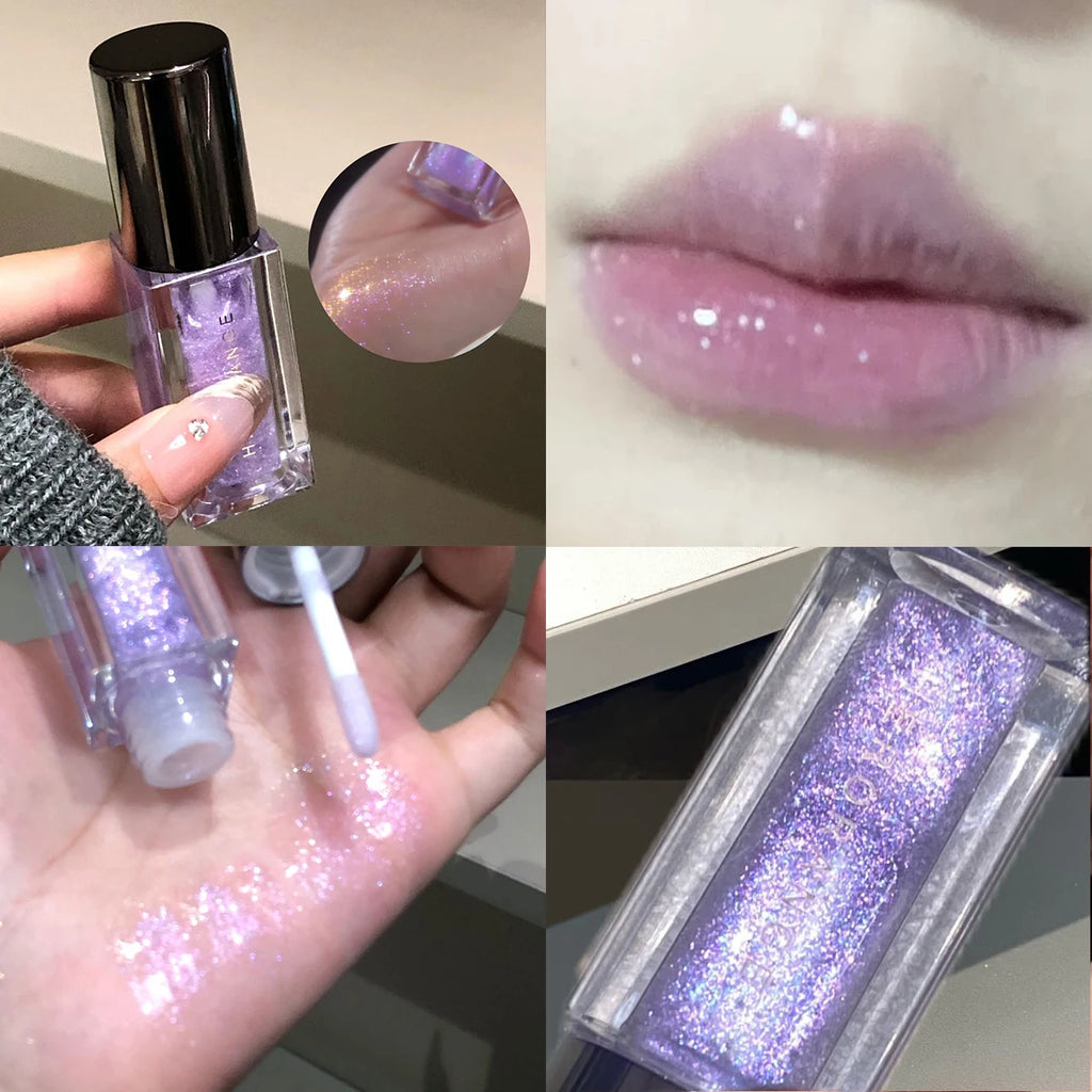 Multichrome Diamond Shimmer Lip Gloss Clear Glitter Metallic Pink Blue Orange Lip Stain Mirror-Shine Gloss 3D Sparkling Lips