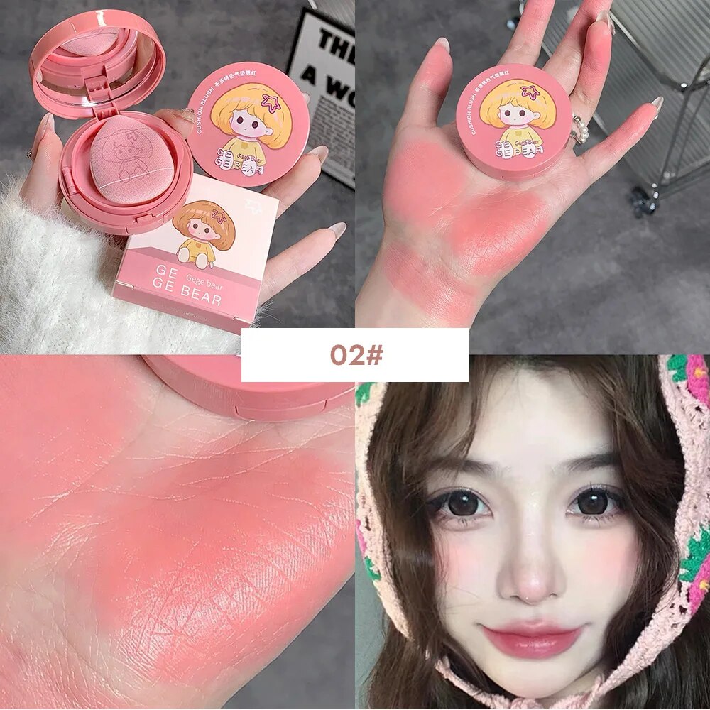 Cushion Blush Blendable Shade with Powder Puff Whitening without Sticking Long Lasting Gege Bear Makeup Blusher