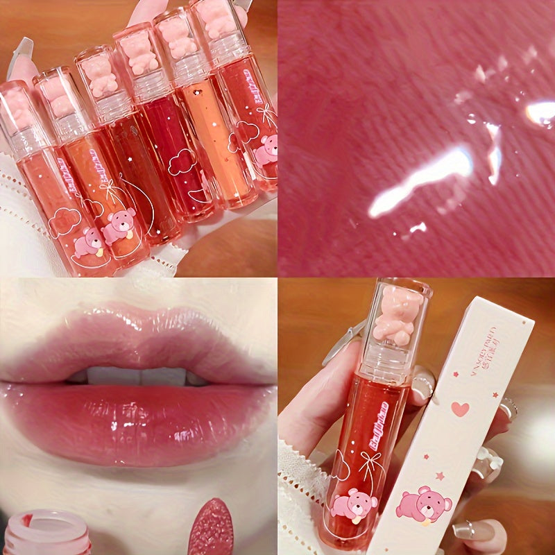 6 color lip glaze cute little bear mirror gloss  jelly lips with sparkling light dew water  long-lasting stain resistant trans