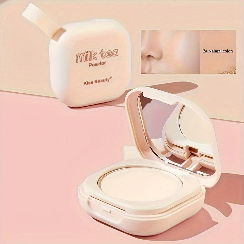 Milk Tea Waterproof Compact Powder - Full Coverage Contour and Concealer Matte Finish Double-Layer Portable Setting Powder