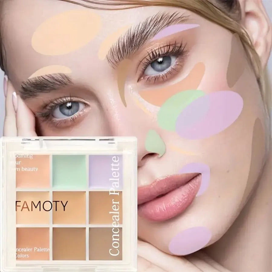 9-Color Flawless Concealer Palette - Waterproof Sweatproof Full Coverage - Corrects Spots Acne Dark Circles Tear Grooves