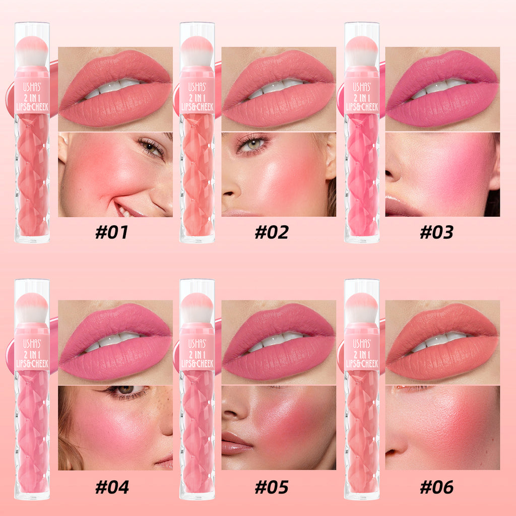 2 in 1 lip gloss + blush easy to apply long-lasting color long-lasting waterproof  natural matte  with sponge brush