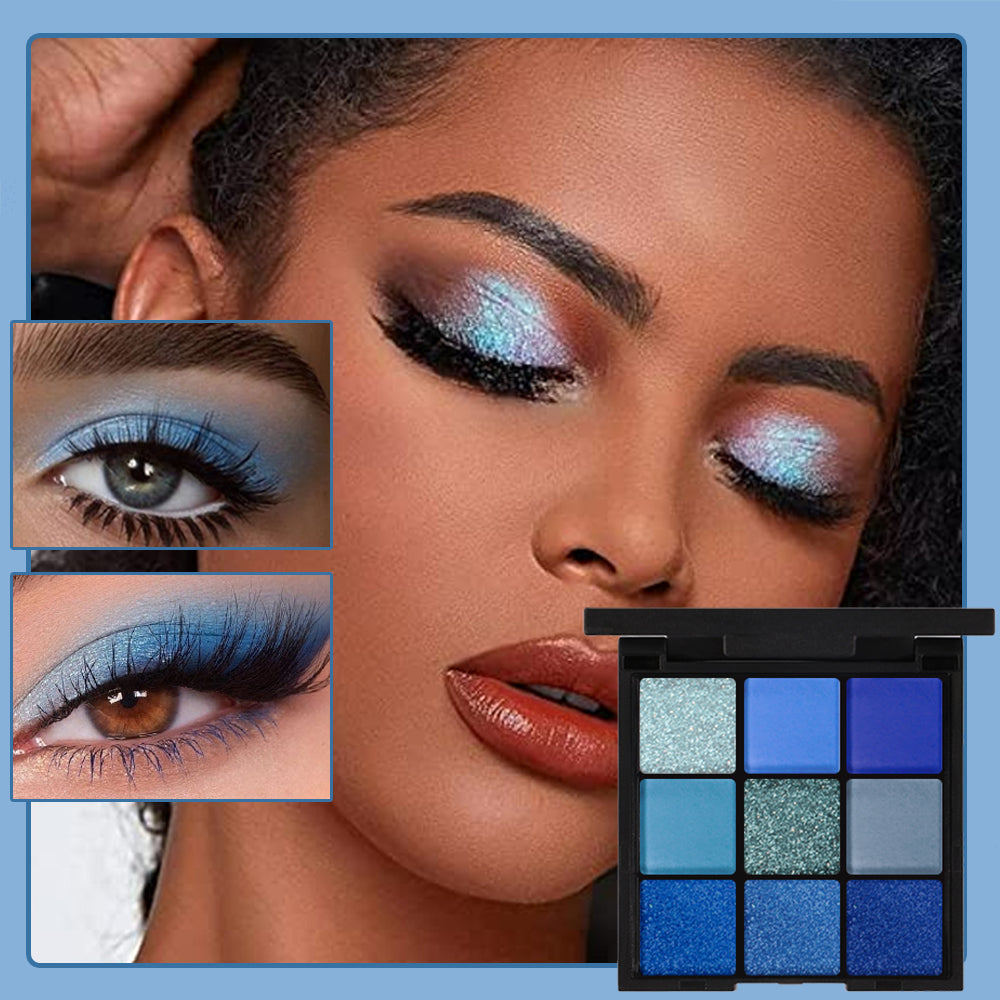 9 Color Eyeshadow Palette Blue Waterproof Sweatproof Blue Matte Pearl Glitter Finish Performance Stage Makeup Music Festival