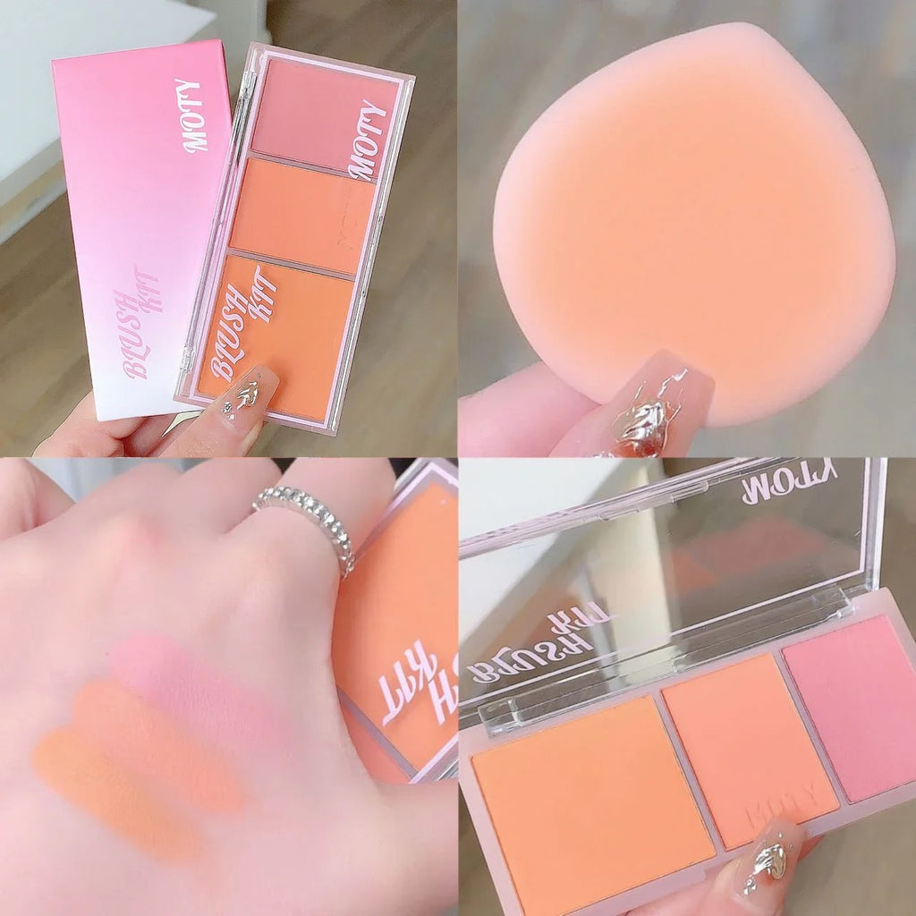 3 Colors Blush Palette Waterproof Pink Taro Purple Matte Blusher Face Makeup with Mashed Potato Texture Highlight Powder Blush