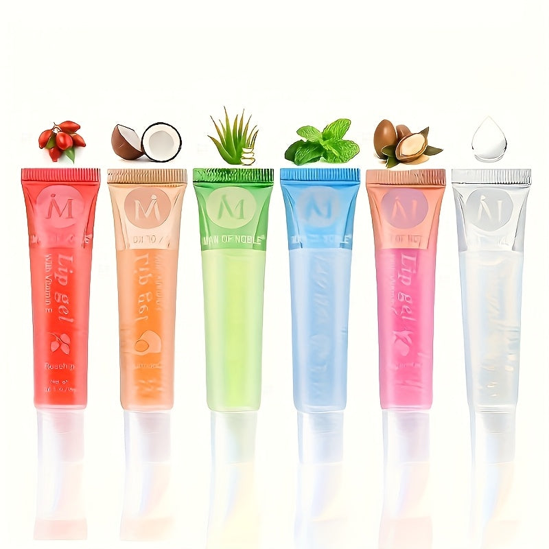 6/12Pcs Fruity Watery Glossy Lip Gloss Set VE    Rosehip  Argan   Mint  Aloe   Coconut Flavor Clear Lip Oil Moisturizing Lip Plumpin