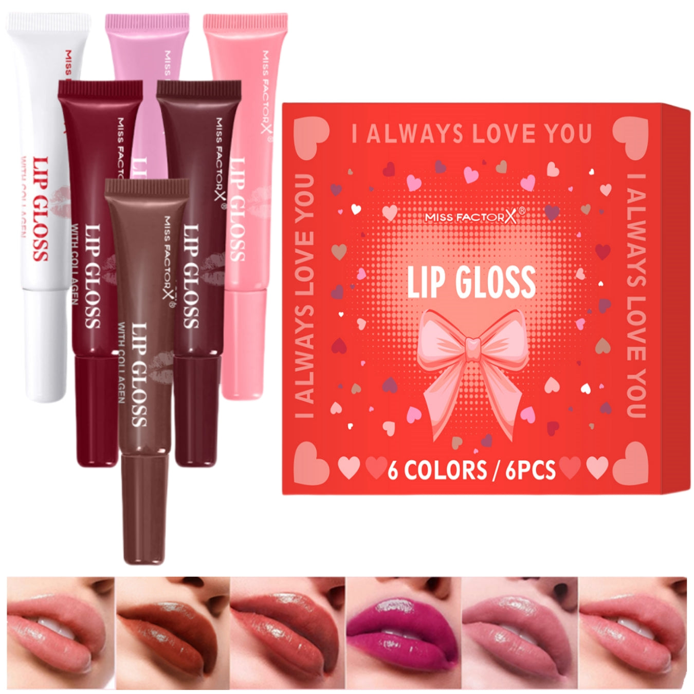 6pcs/box 6-color lip gloss set Unique gift set Long-lasting moisturizing Glossy lip color Valentine’s Day gift Thanksgiving gift