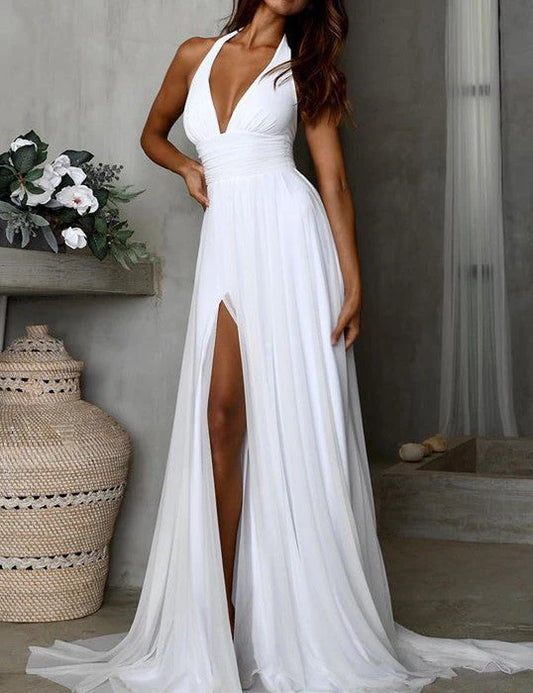 V-neck Long Chiffon Backless Prom Dresses Slit Evening Dresses