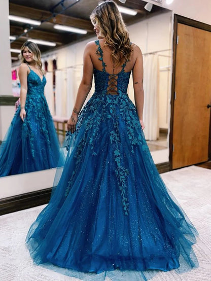 A Line Glitter Tulle Lace Prom Dress