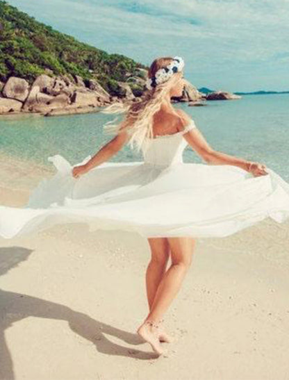 Beach Sexy Boho Wedding Dresses A-Line Off Shoulder Cap Sleeve Court Train Chiffon Bridal Gowns With Split Front Solid Color
