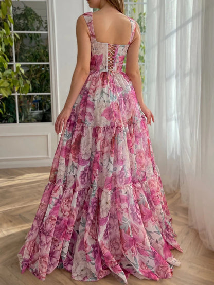 A Line Floral Long Prom Dress