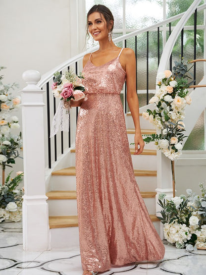 A-Line/Princess Sequins Ruched Straps Sleeveless Floor-Length Bridesmaid Dresses