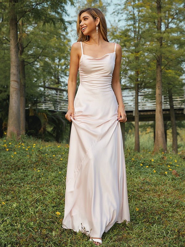 Sheath/Column NS Elastic Woven Satin Ruched Spaghetti Straps Sleeveless Sweep/Brush Train Bridesmaid Dresses