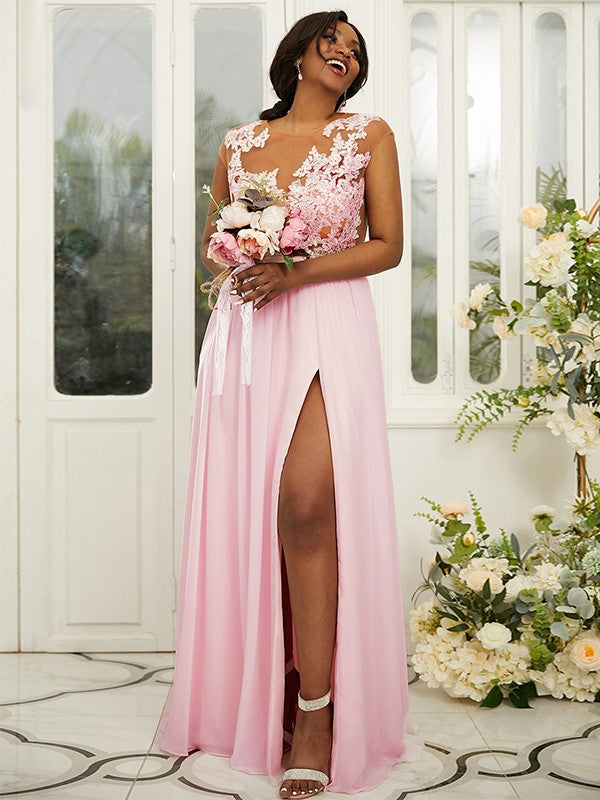 A-Line/Princess Chiffon Applique Scoop Sleeveless Floor-Length Bridesmaid Dresses