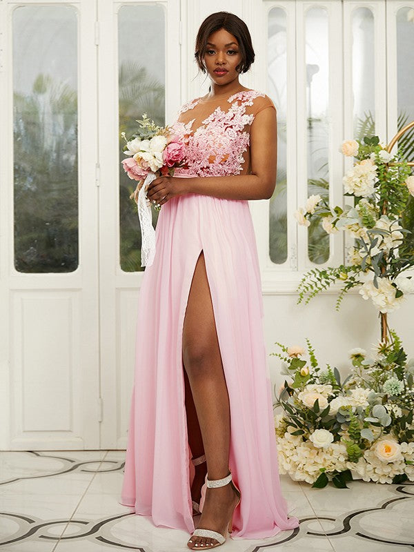 A-Line/Princess Chiffon Applique Scoop Sleeveless Floor-Length Bridesmaid Dresses