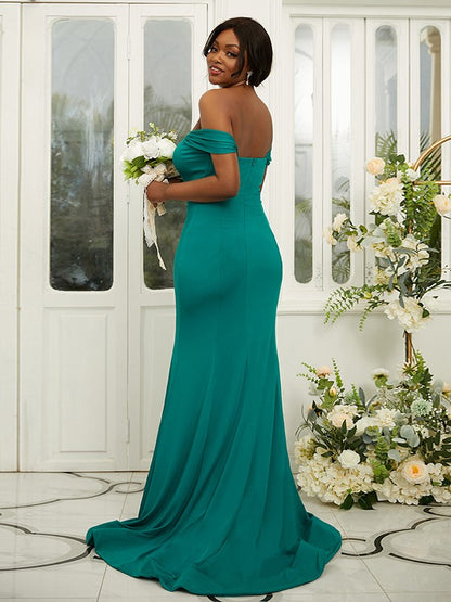 Sheath/Column Jersey Ruffles Off-the-Shoulder Sleeveless Sweep/Brush Train Bridesmaid Dresses