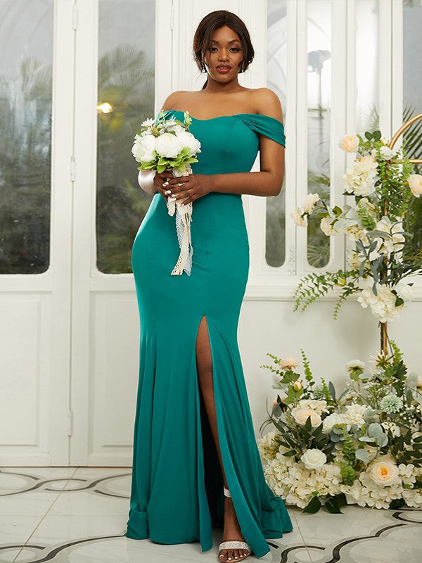 Sheath/Column Jersey Ruffles Off-the-Shoulder Sleeveless Sweep/Brush Train Bridesmaid Dresses