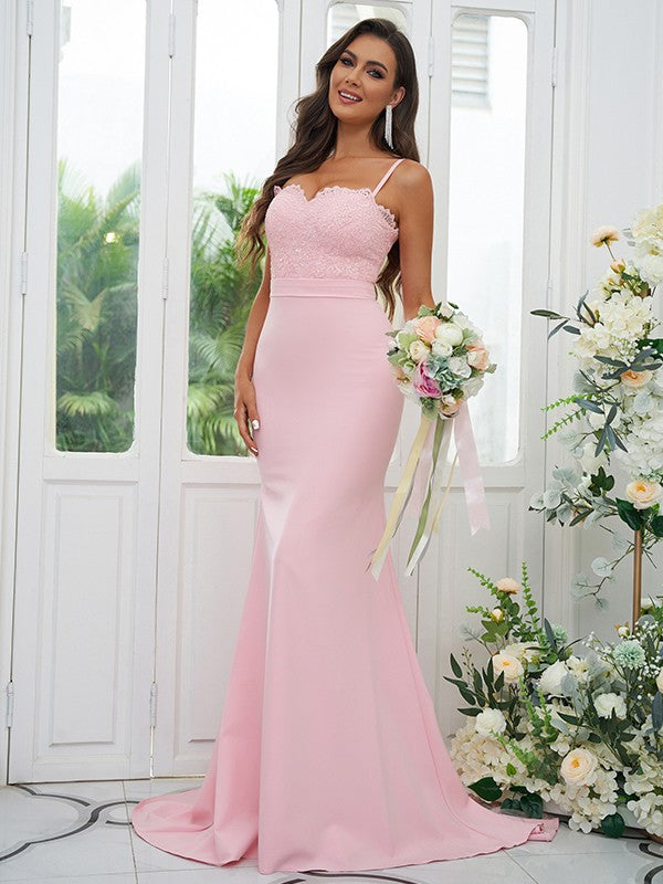 Sheath/Column Stretch Crepe Lace Spaghetti Straps Sleeveless Sweep/Brush Train Bridesmaid Dresses