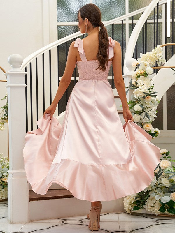 A-Line/Princess Silk like Satin Ruffles Straps Sleeveless Ankle-Length Bridesmaid Dresses