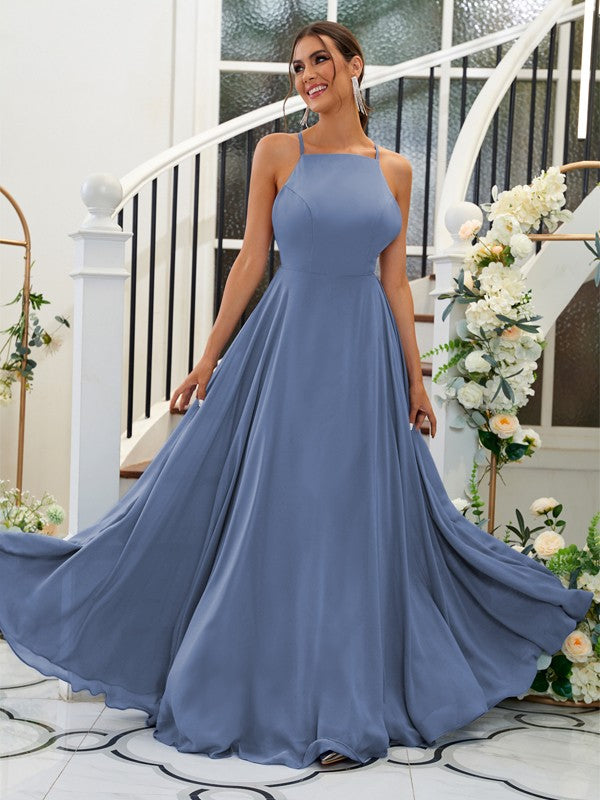 A-Line/Princess Chiffon Ruffles Halter Sleeveless Floor-Length Bridesmaid Dresses