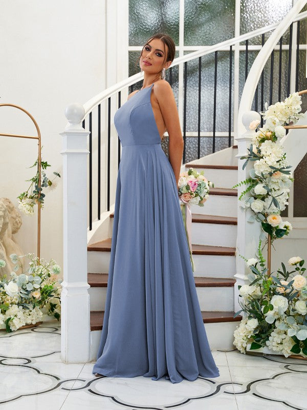 A-Line/Princess Chiffon Ruffles Halter Sleeveless Floor-Length Bridesmaid Dresses