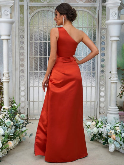 A-Line/Princess Satin Ruched One-Shoulder Sleeveless Floor-Length Bridesmaid Dresses