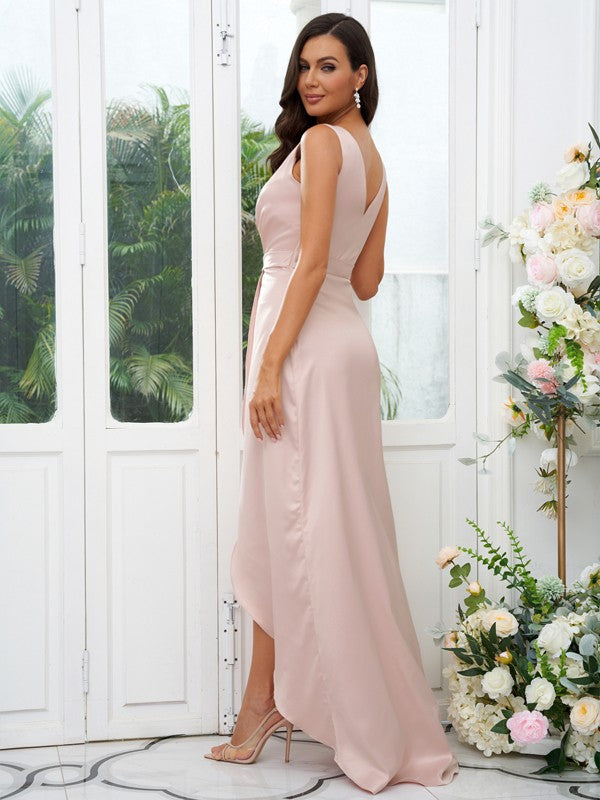 A-Line/Princess Charmeuse Ruched V-neck Sleeveless Sweep/Brush Train Bridesmaid Dresses