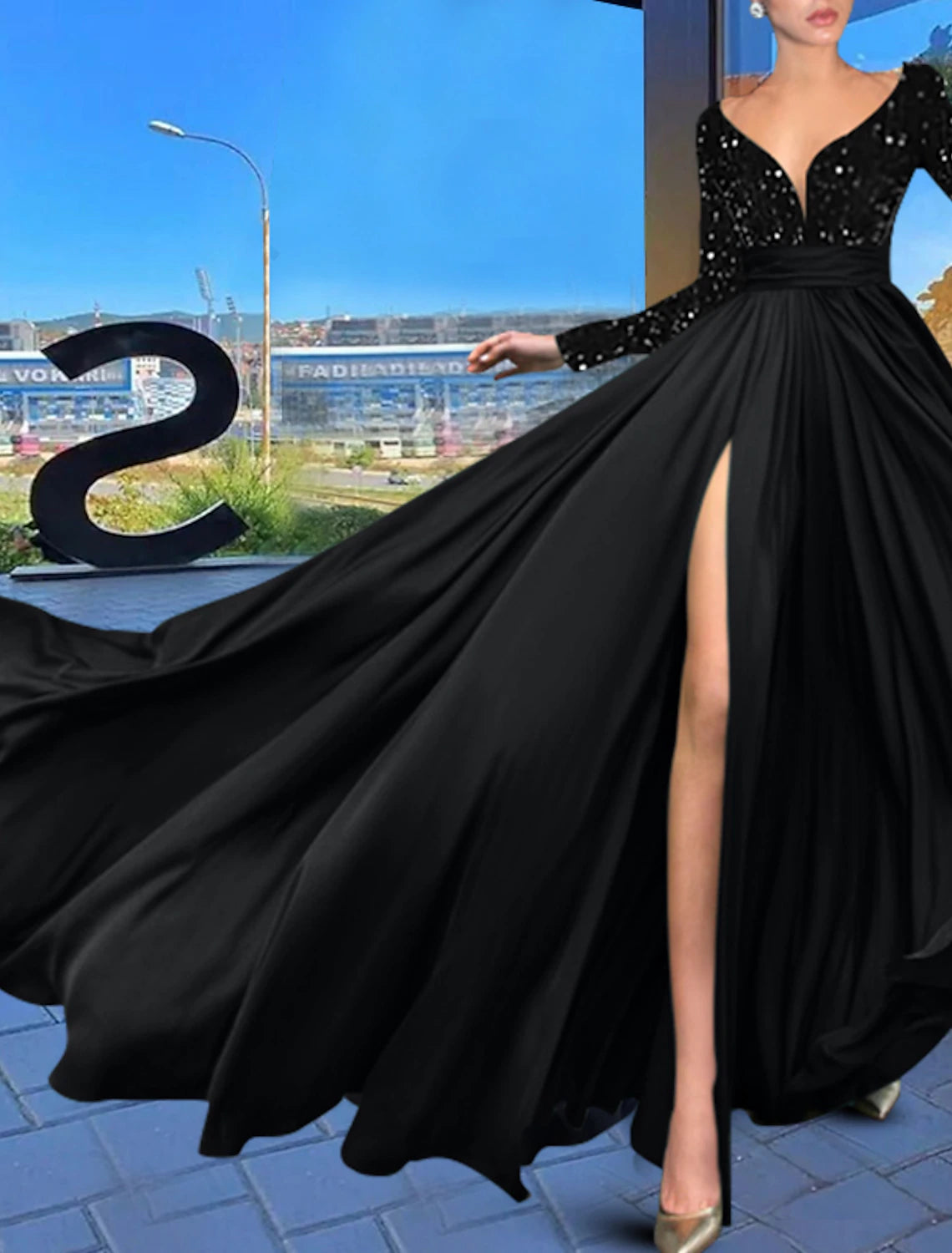 A-Line Evening Gown Sparkle Black Dress Plus Size Wedding Guest Prom Court Train Long Sleeve V Neck Chiffon with Sequin Slit